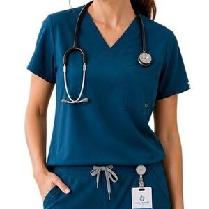 Infinity‎ by Cherokee Scrub Top Women Large Teal V-Neck Stretch Pocket